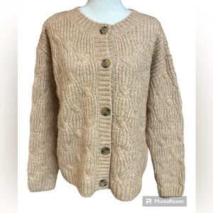 Lucky Brand Buttondown Crew Neck CableKnit Cardigan Sweater TwoToned Light M
